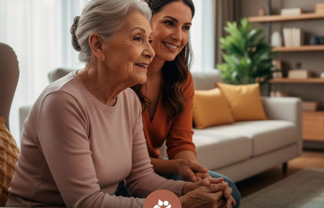 anciana feliz con su familiar en casa