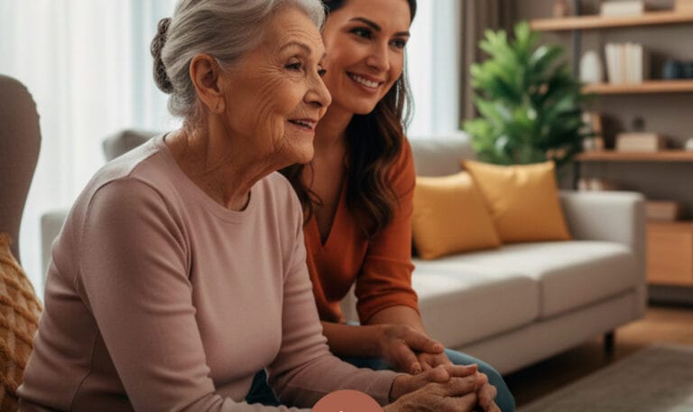 anciana feliz con su familiar en casa