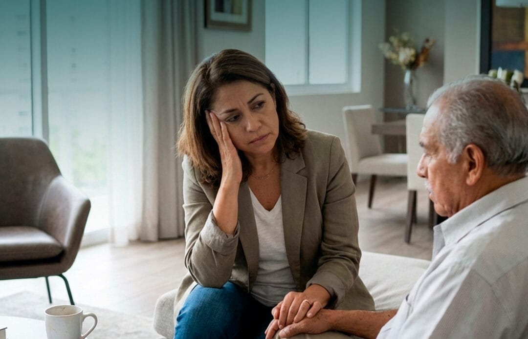 familiar preocupada por el cuidado del adulto mayor