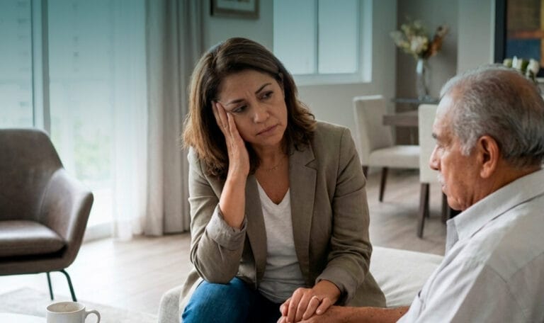 familiar preocupada por el cuidado del adulto mayor